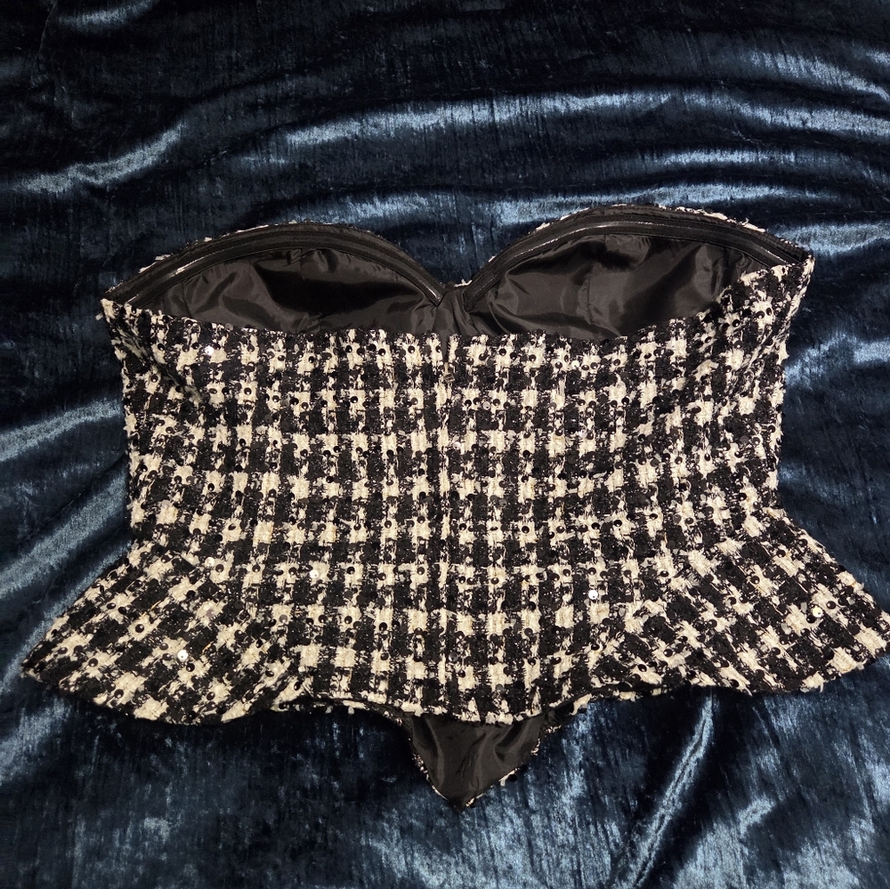 Strapless Houndstooth Black & White Sweetheart Bustier Peplum Top Slight Sequin - Picture 7 of 7